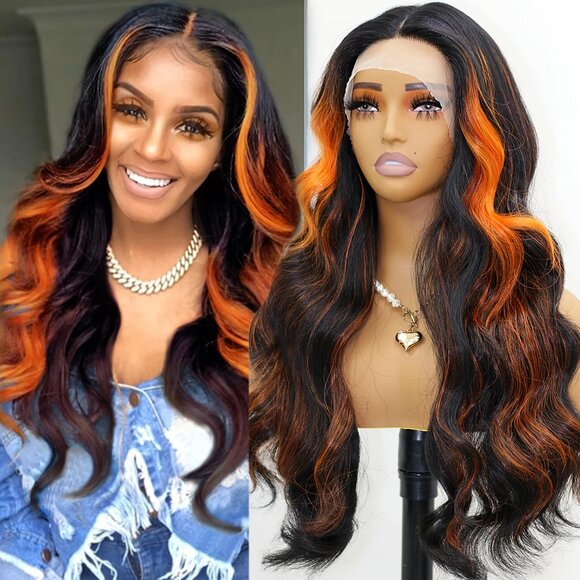 Orange Black Skunk Stripe 13x4x1 Lace Wig – Long Wavy Heat-Resistant Wig - Picture 2 of 5